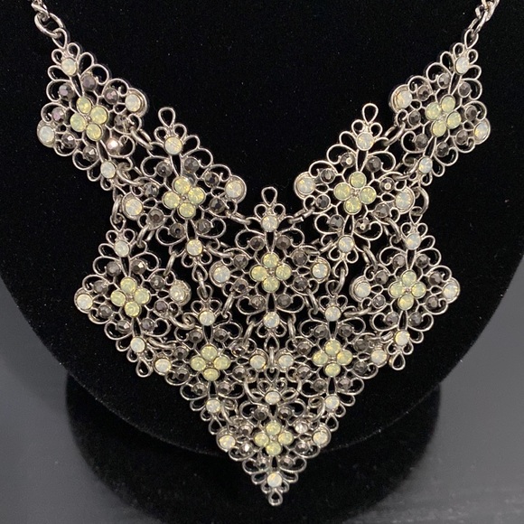 Silver Tone Bib Statement Necklace Faux Opal and Marcasite Stones - Picture 3 of 5
